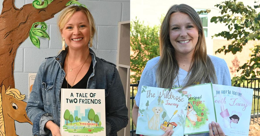 photos of the two teachers holding the books they authored