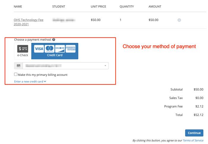 Screenshot of selecting payment method 