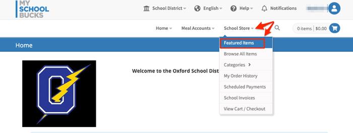 Screenshot of selecting Featured Items from School Store menu 