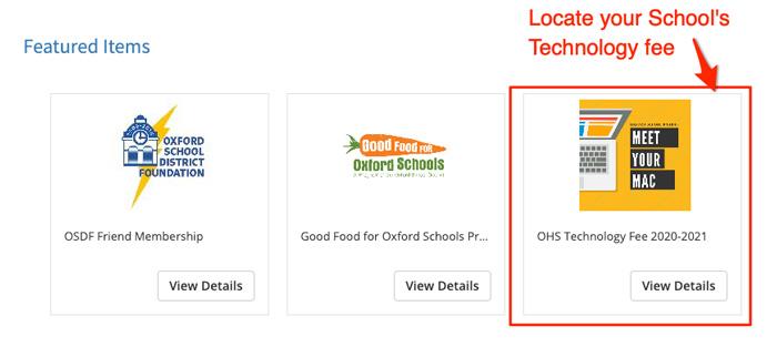 Screenshot of selecting desired fee from Featured Items 